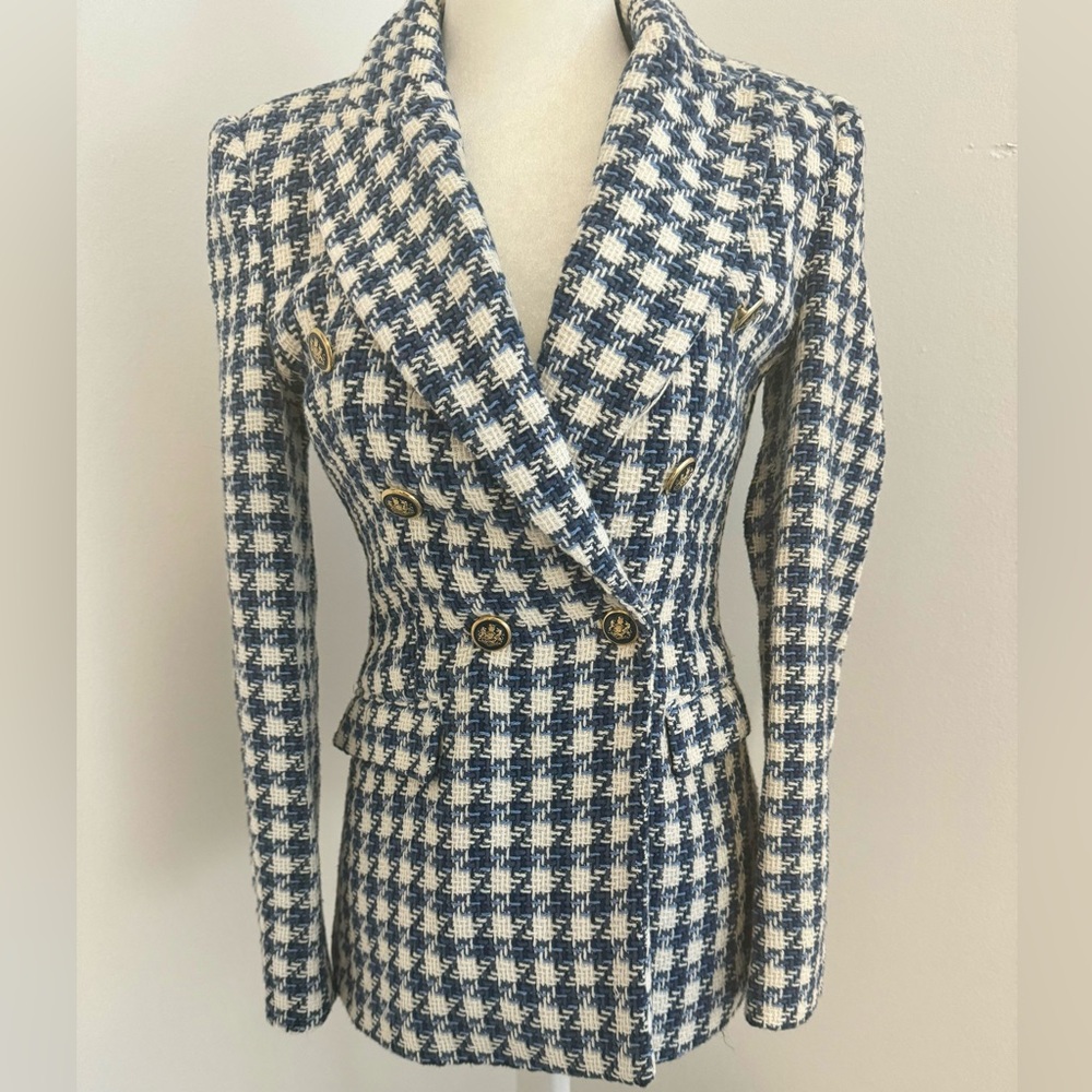 Blue and cream, double breasted tweed blazer. Size XS worn only 2 times.